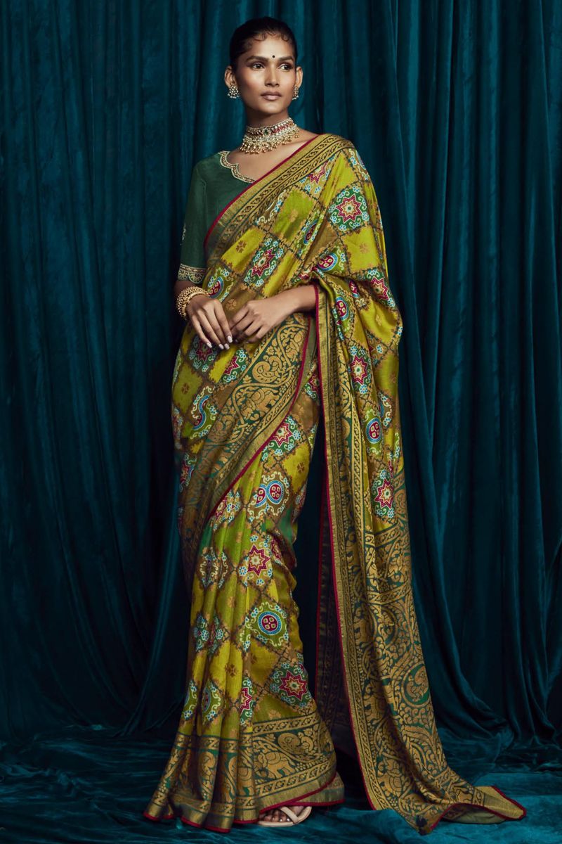 Brasso Silk Party Wear Green Color Printed Saree With Embroidered Blouse