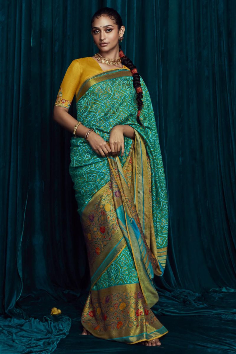 Cyan Color Brasso Silk Printed Function Wear Stylish Saree With Embroidered Blouse