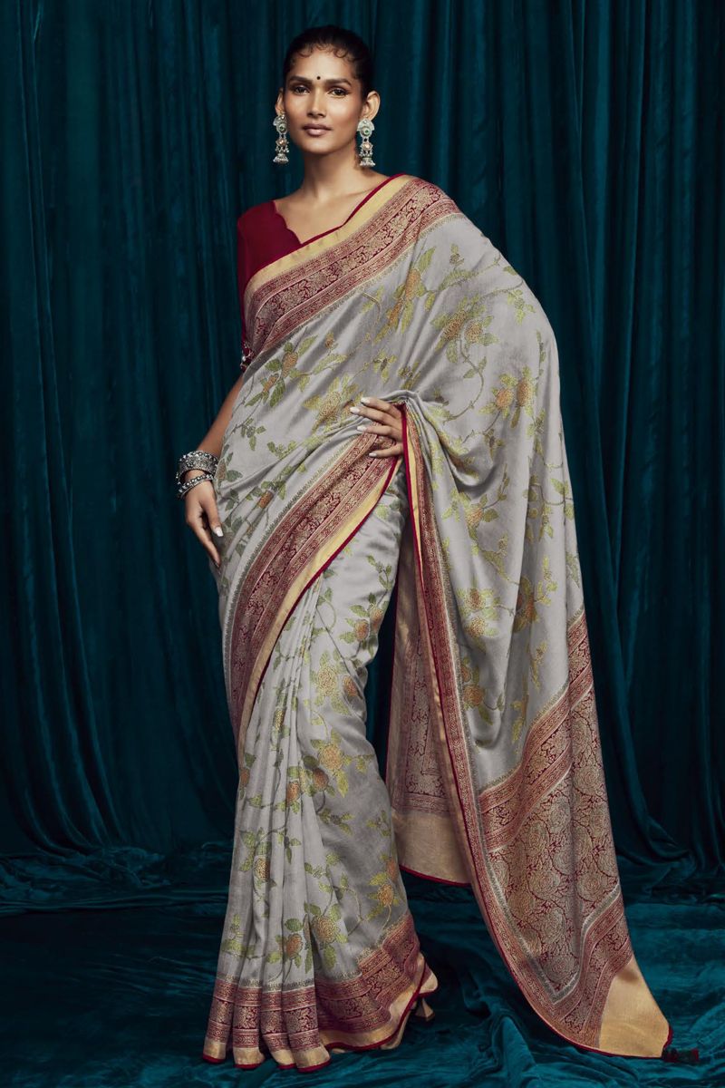 Brasso Silk Grey Color Printed Festive Wear Fancy Saree With Embroidered Blouse