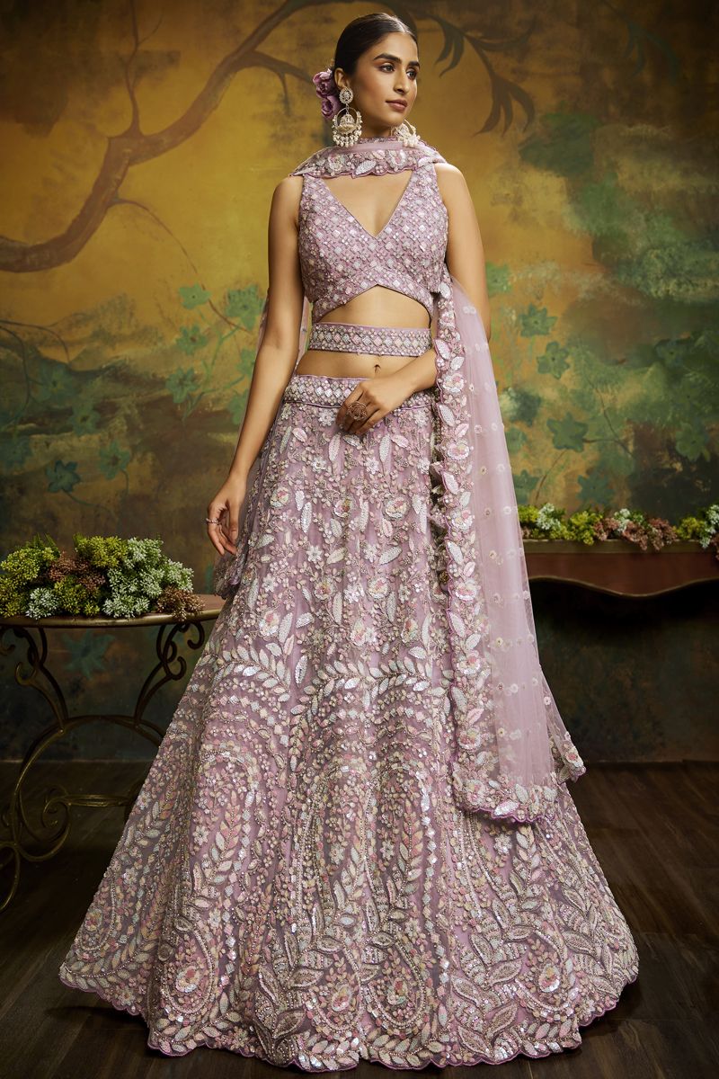 Embroidered Work On Net Fabric Lavender Color Wedding Wear Lehenga Choli