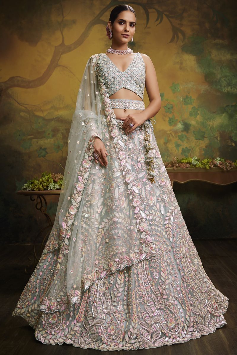 Net Fabric Embroidered Wedding Wear Designer Lehenga Choli In Sea Green Color