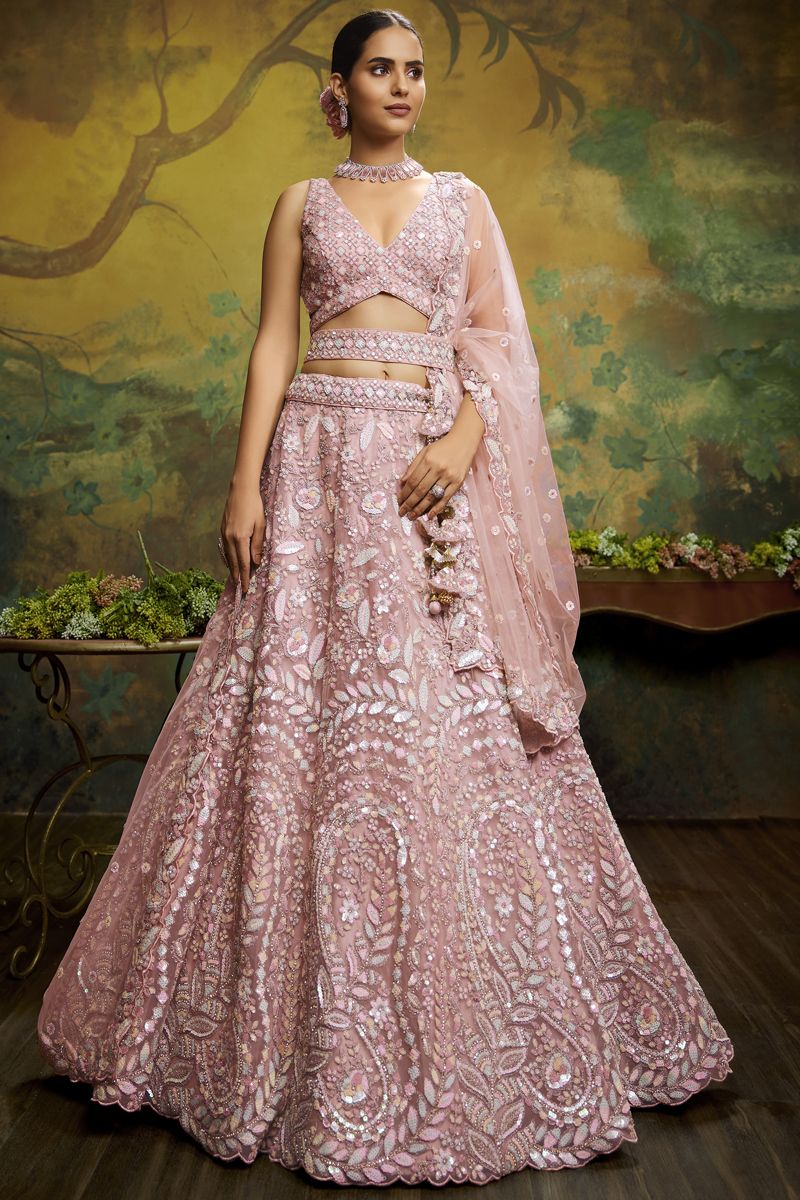 Pink Color Embroidered Work On Net Fabric Beatific Wedding Wear Lehenga Choli