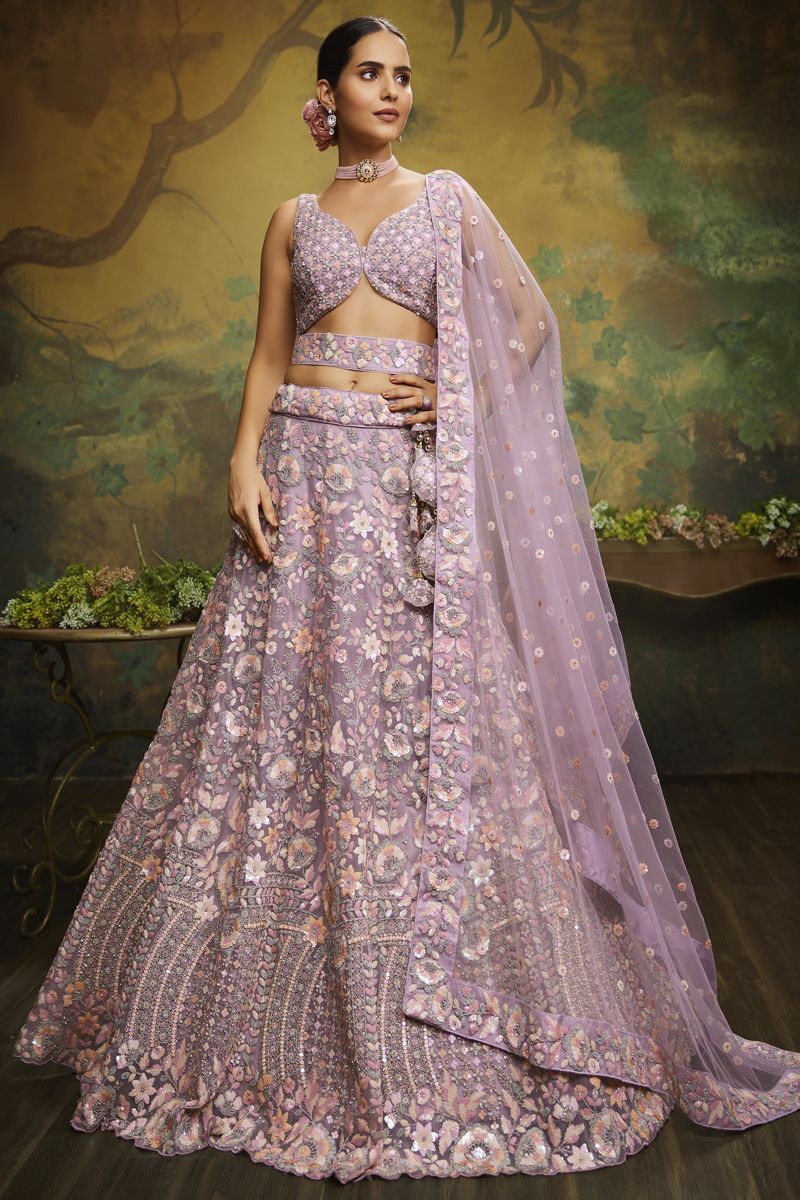 Lavender Color Net Fabric Embroidered Wedding Wear Lehenga Choli