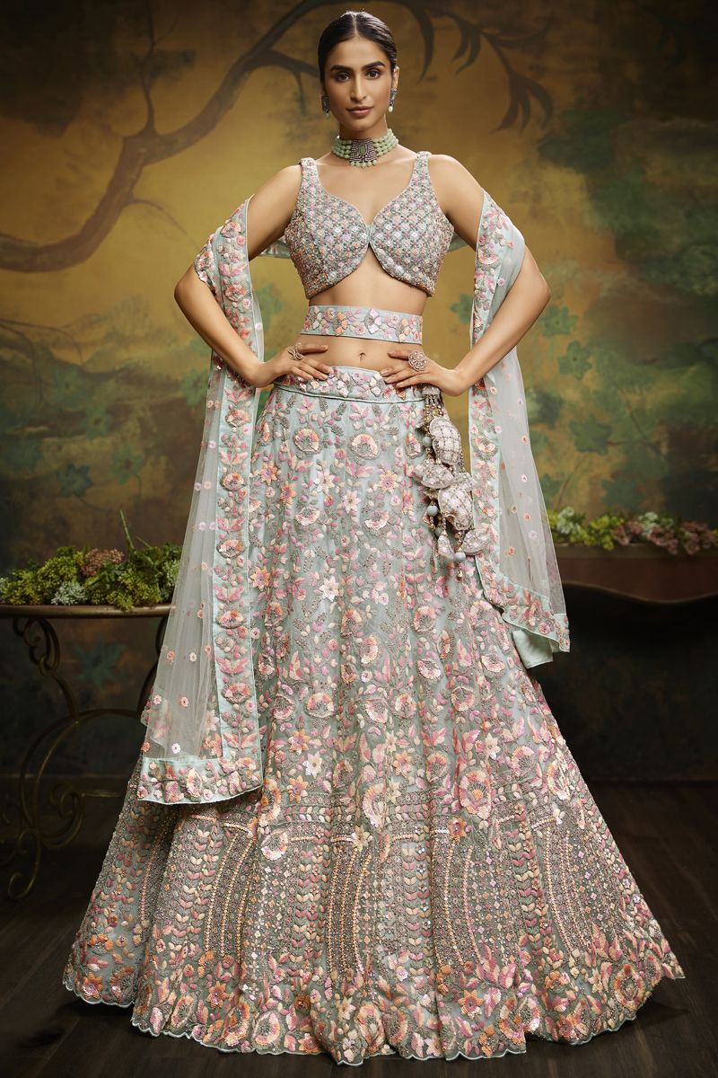 Sea Green Color Net Fabric Embroidered Wedding Wear Designer Lehenga Choli