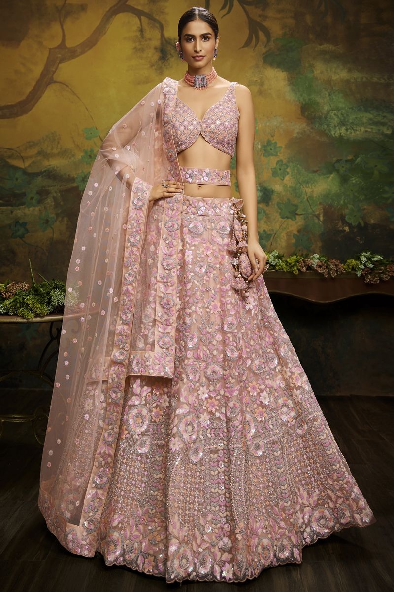 Net Fabric Peach Color Wedding Wear Lehenga Choli With Embroidered Work