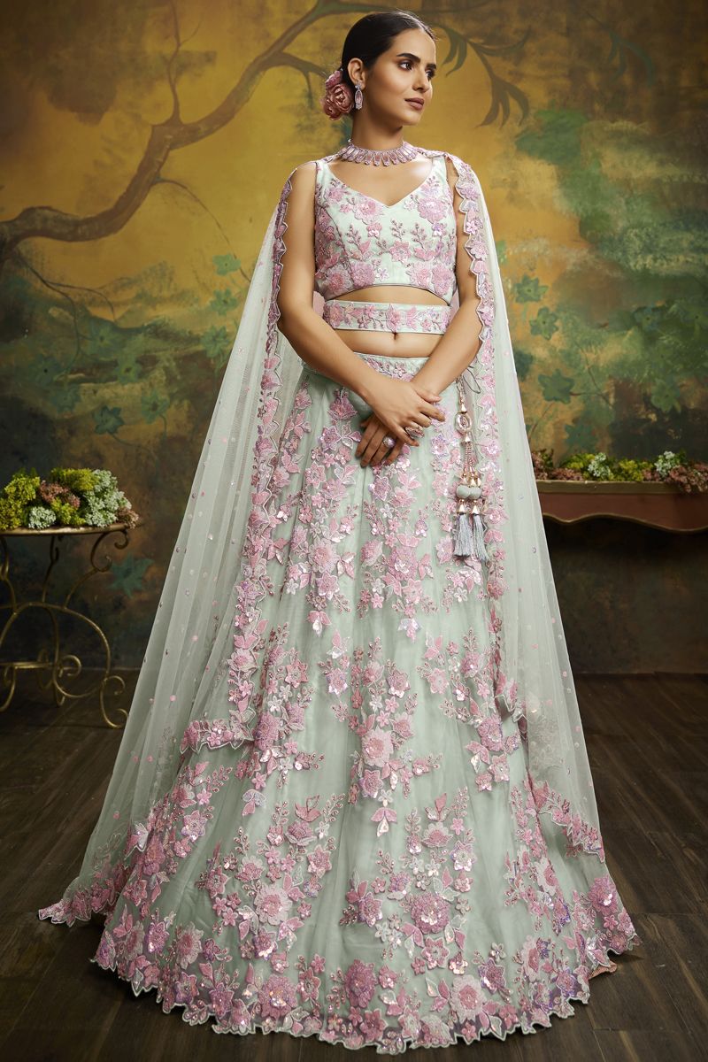 Embroidered Sea Green Color Wedding Wear Fancy Lehenga Choli In Net Fabric