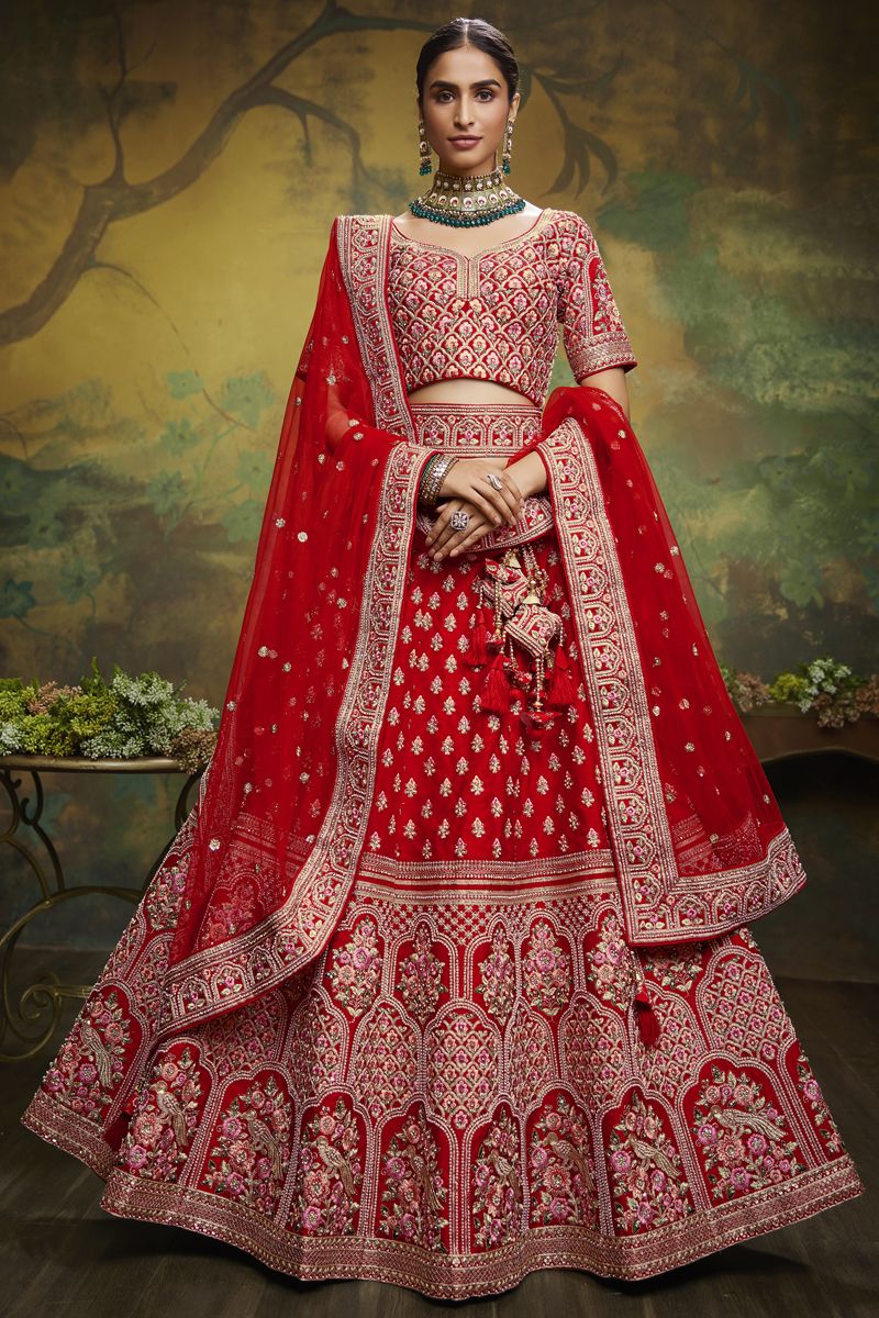 Silk Fabric Red Color Bridal Lehenga Choli