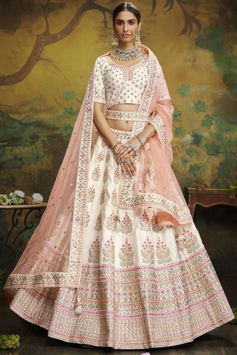 Beige Color Silk Fabric Heavy Look Embroidered Work Bridal Lehenga Choli