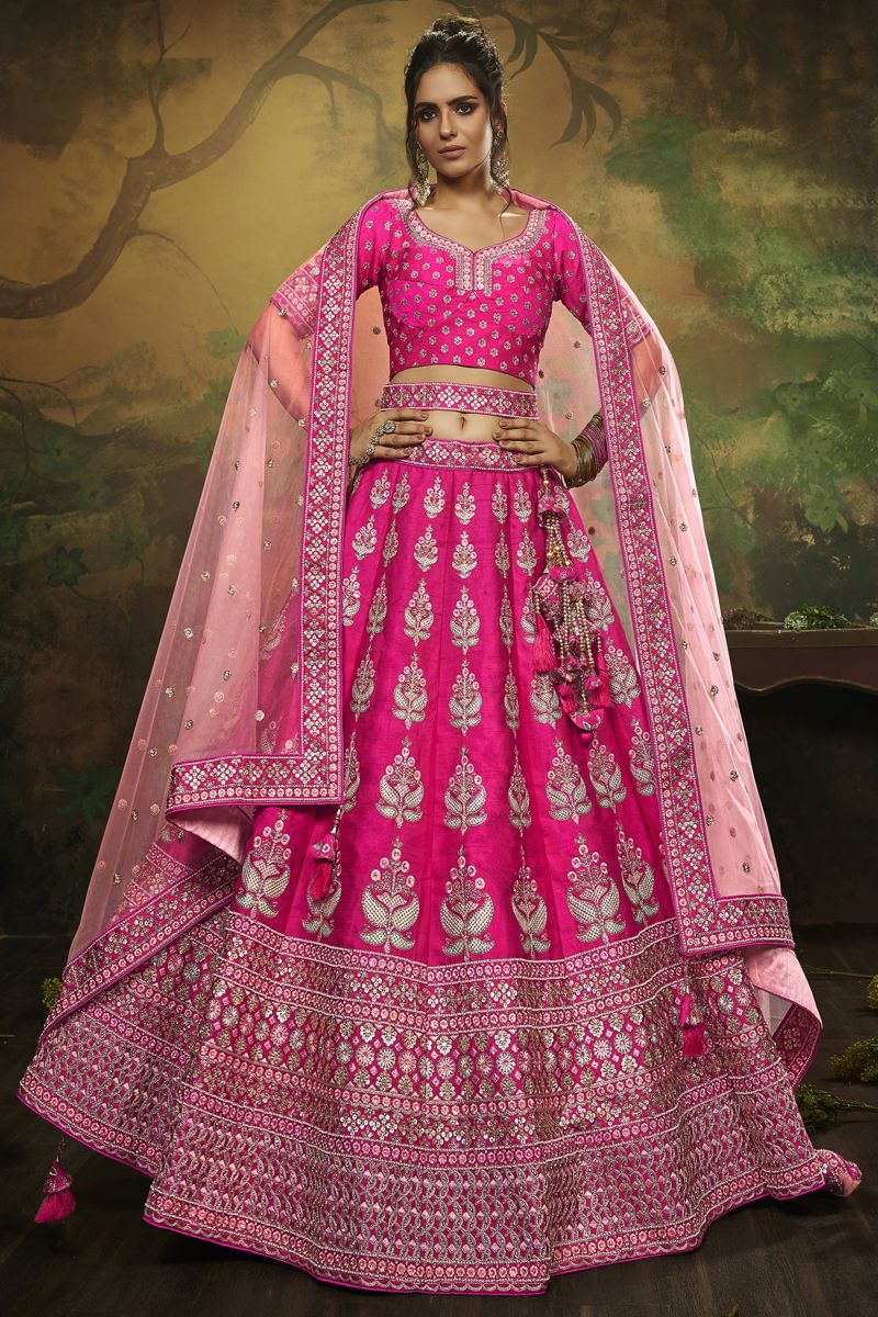 Silk Fabric Bridal Look Designer Lehenga Choli In Rani Color