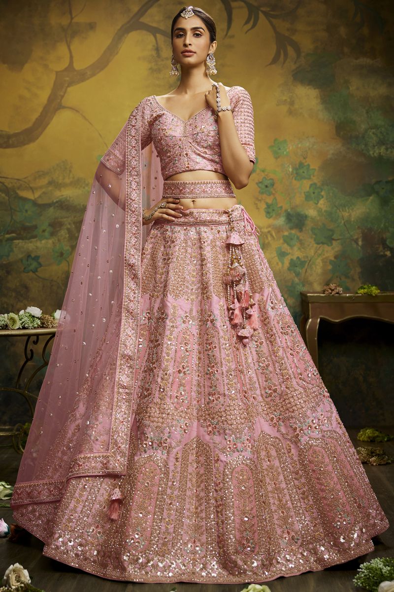 Heavy Embroidered Pink Color Bridal Look Lehenga Choli In Silk Fabric