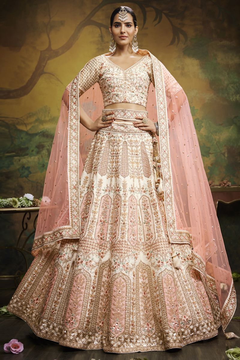 Beige Color Silk Fabric Heavy Embroidered Bridal Lehenga Choli