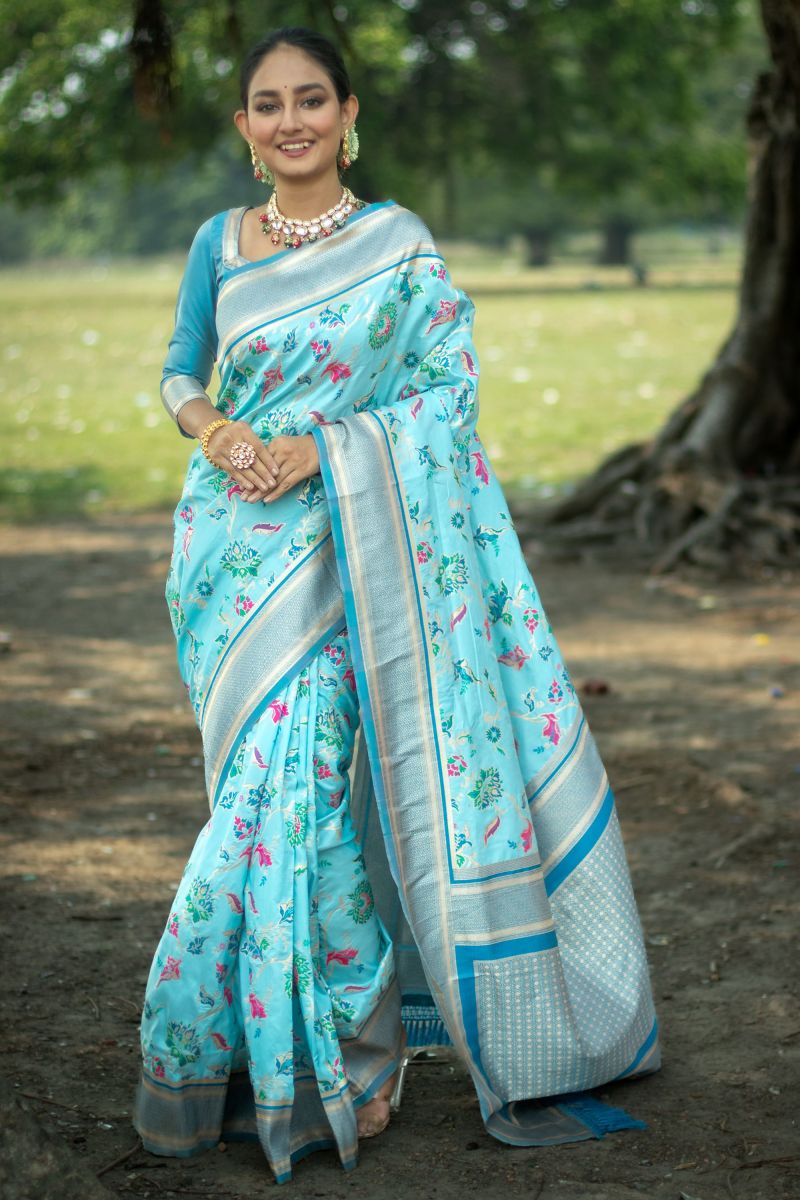 Sky Blue Color Weaving Work Reach Function Wear Banarasi Silk Saree