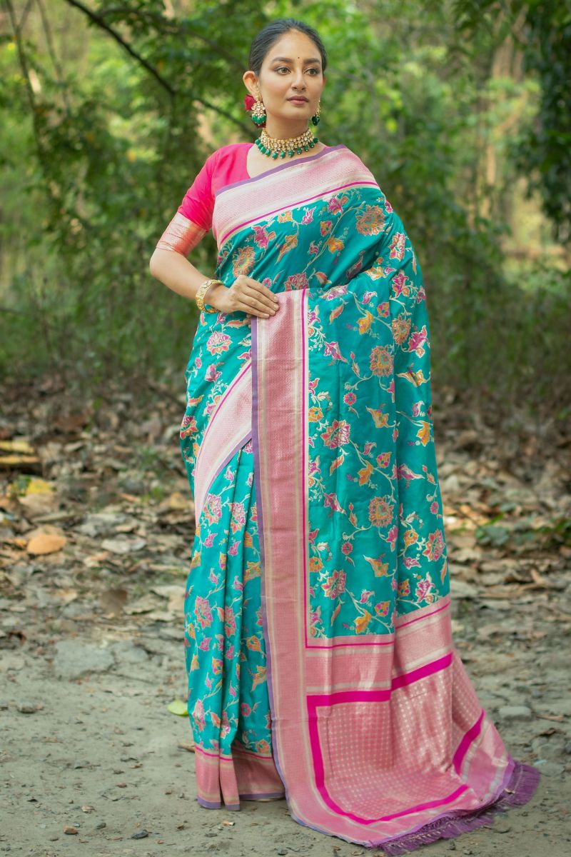 Banarasi Silk Cyan Weaving Work Reach Festive Wear Saree