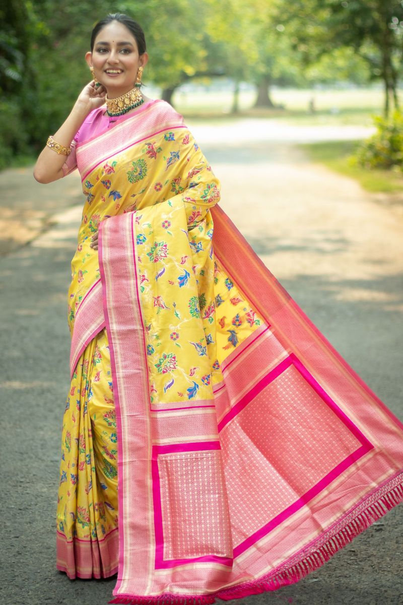 Yellow Banarasi Silk Designer Saree For Wedding Function