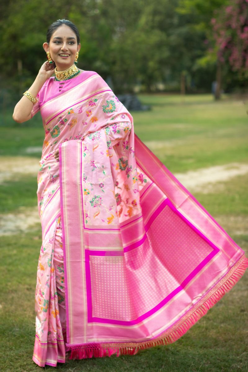 Pink Banarasi Silk Festive Wear Weaving Work Reach Saree