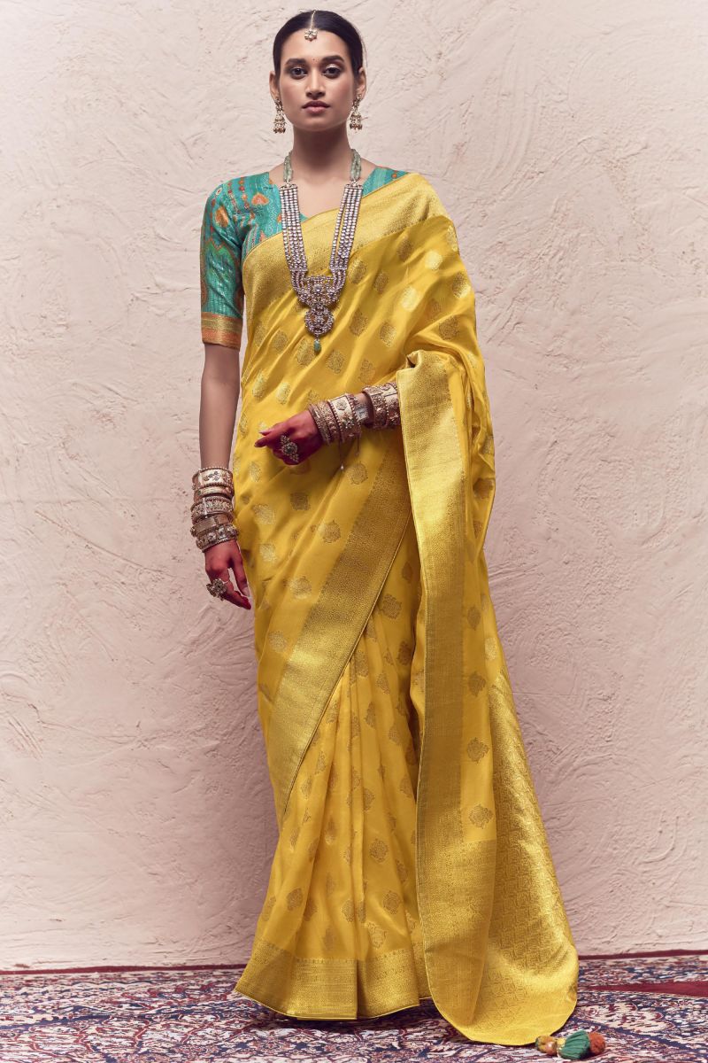 Art Silk Mustard Color Weaving Work Festive Wear Trendy Saree