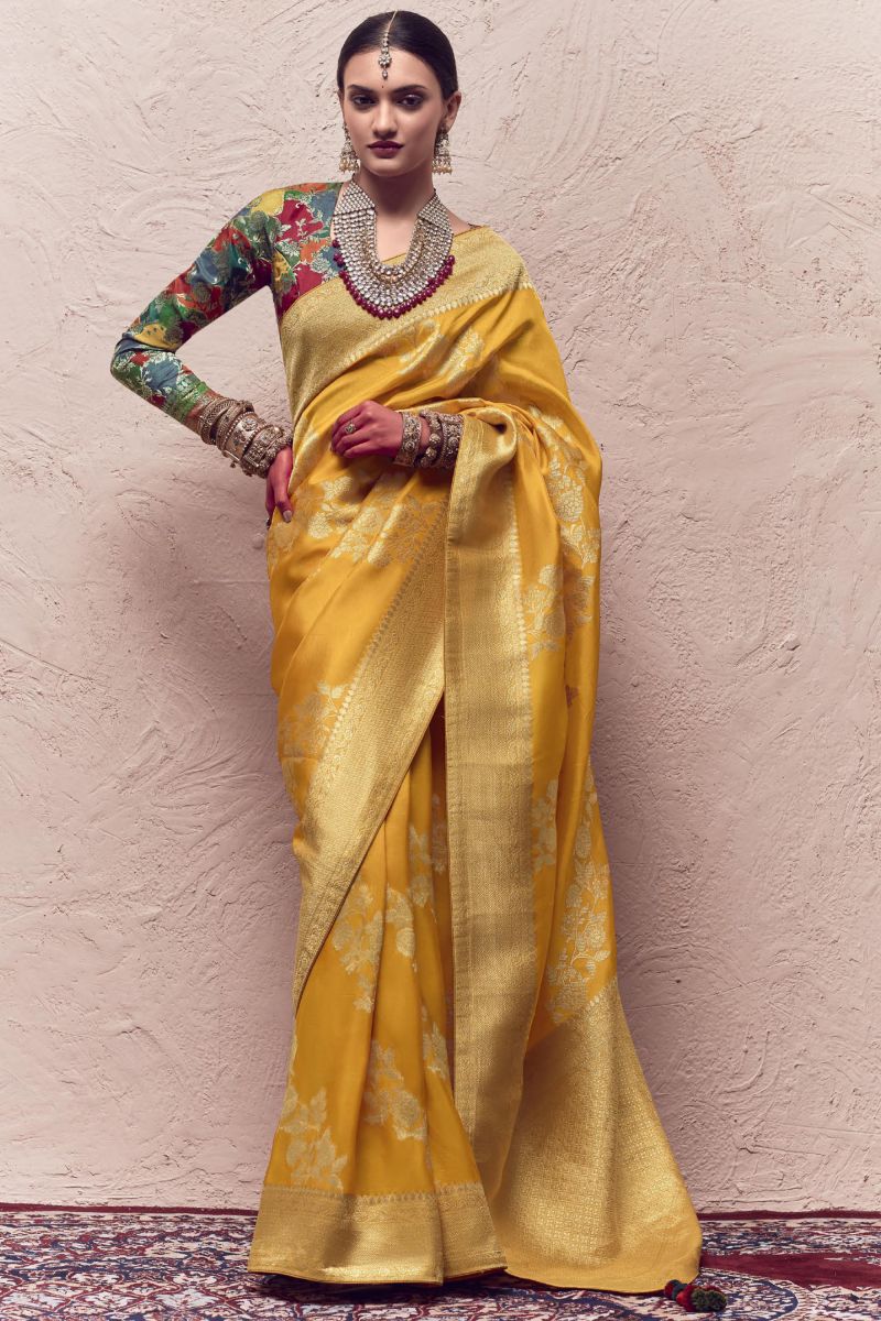 Art Silk Wedding Wear Yellow Color Fancy Weaving Work Saree