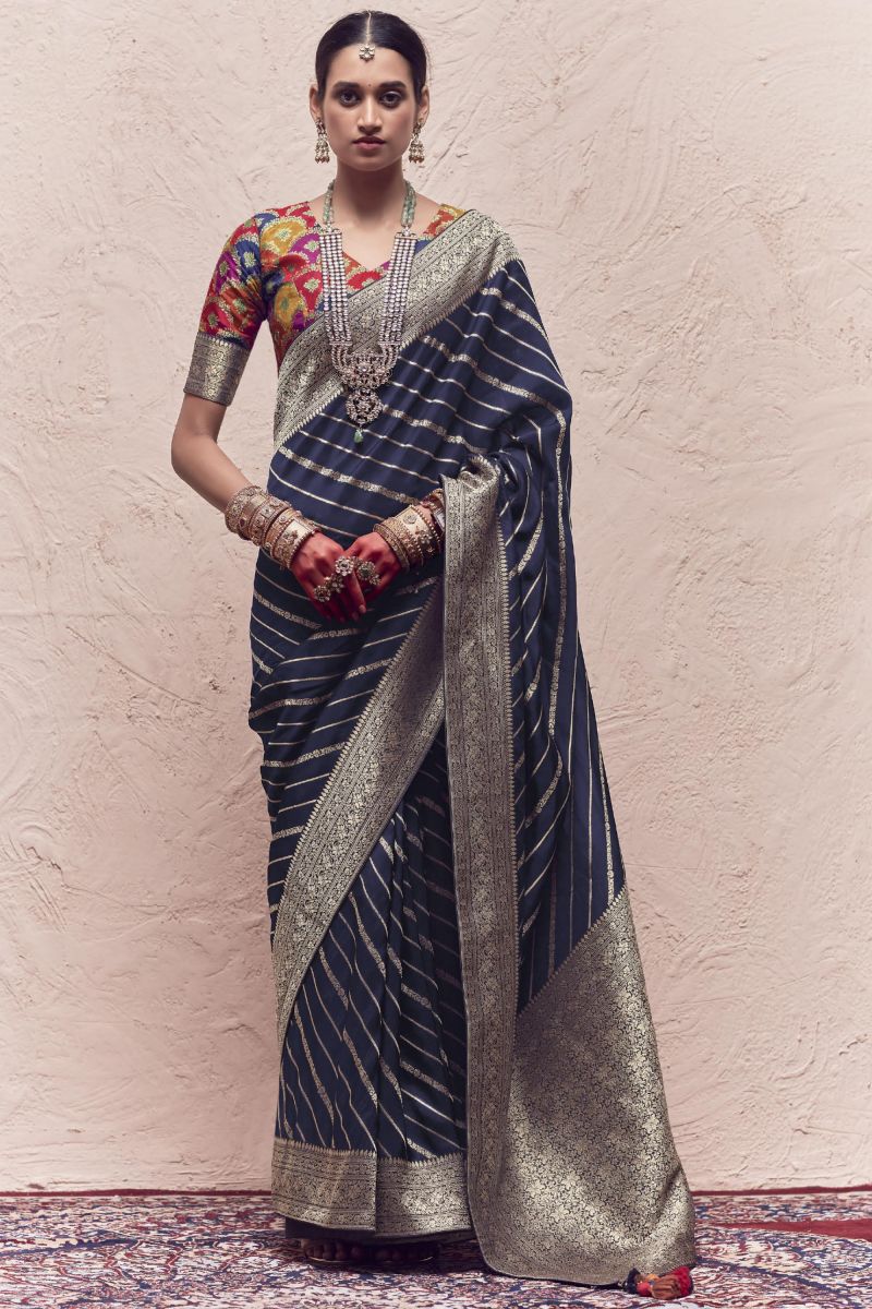 Art Silk Weaving Work Navy Blue Color Sangeet Wear Trendy Saree