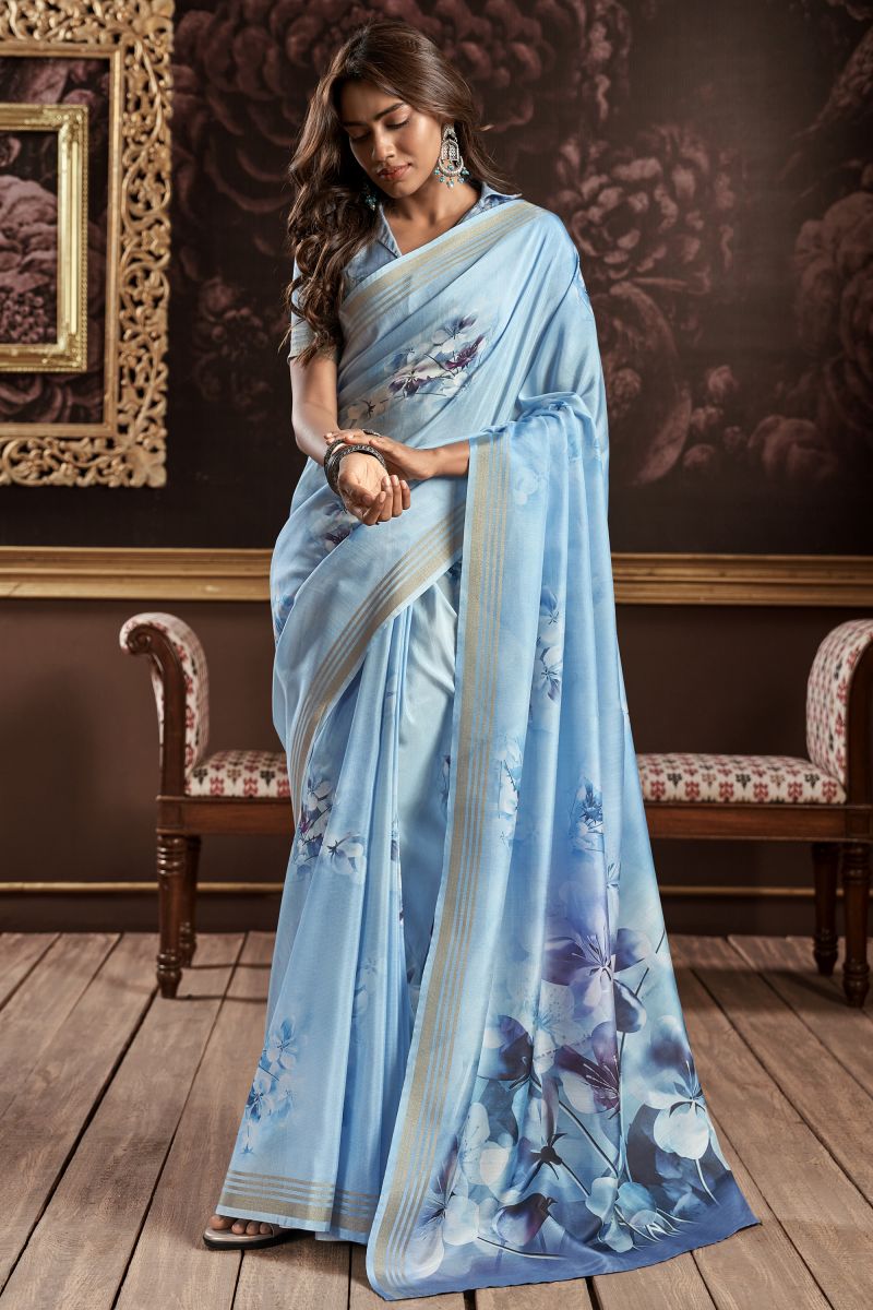 Casual Wear Sky Blue Color Classic Art Silk Printed Saree