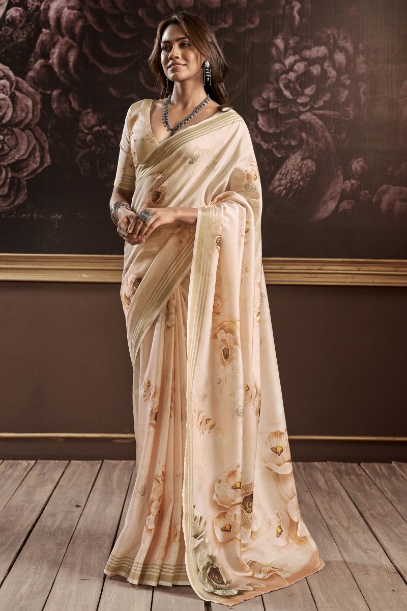 Casual Wear Classic Art Silk Printed Saree In Cream Color