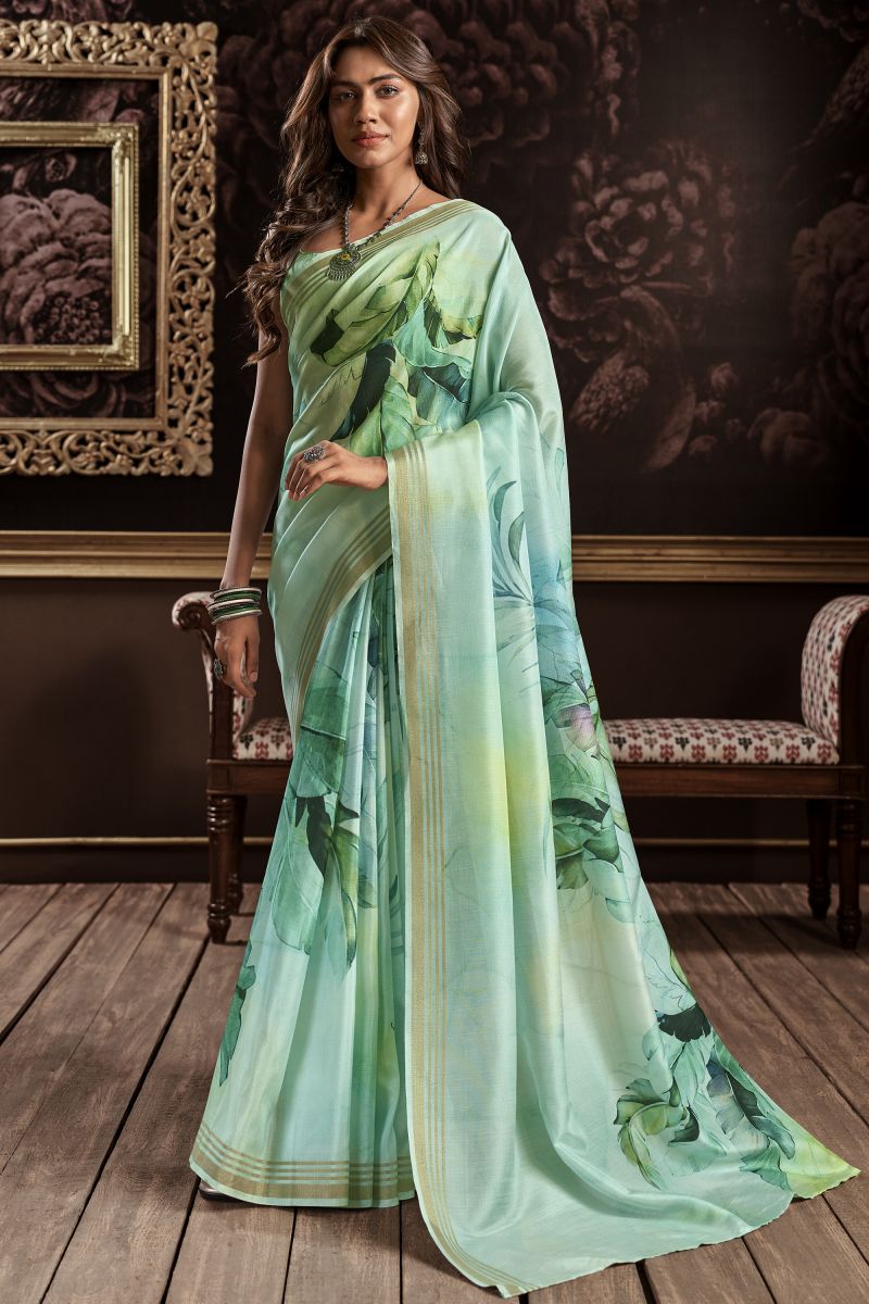 Art Silk Classic Casual Wear Sea Green Color Printed Saree