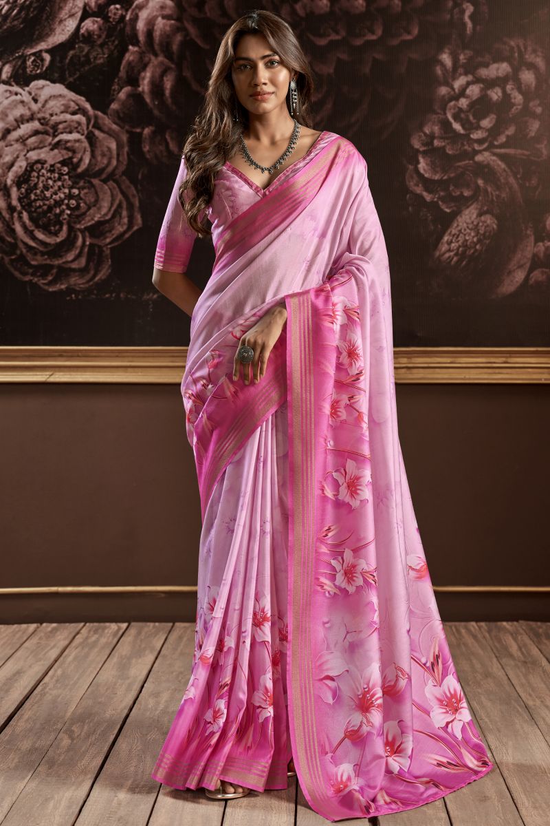 Casual Wear Art Silk Classic Pink Color Printed Saree