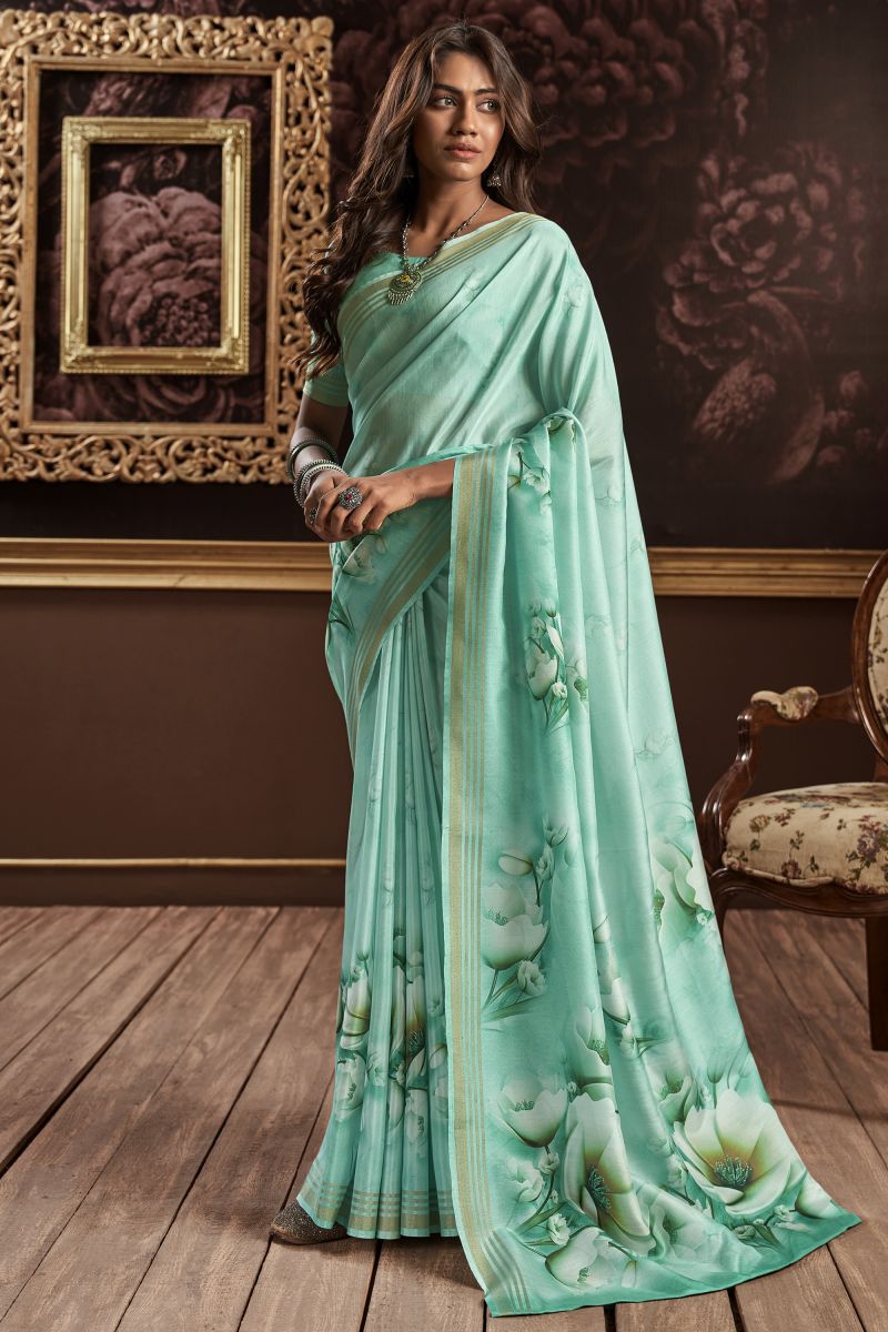 Sea Green Color Daily Wear Classic Art Silk Printed Saree