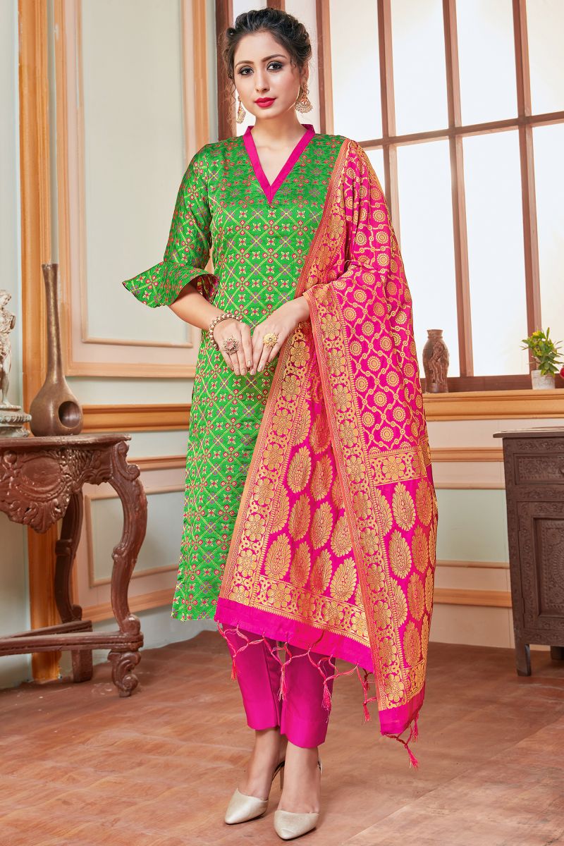 Banarasi Silk Fabric Green Color Pleasance Readymade Salwar Suit