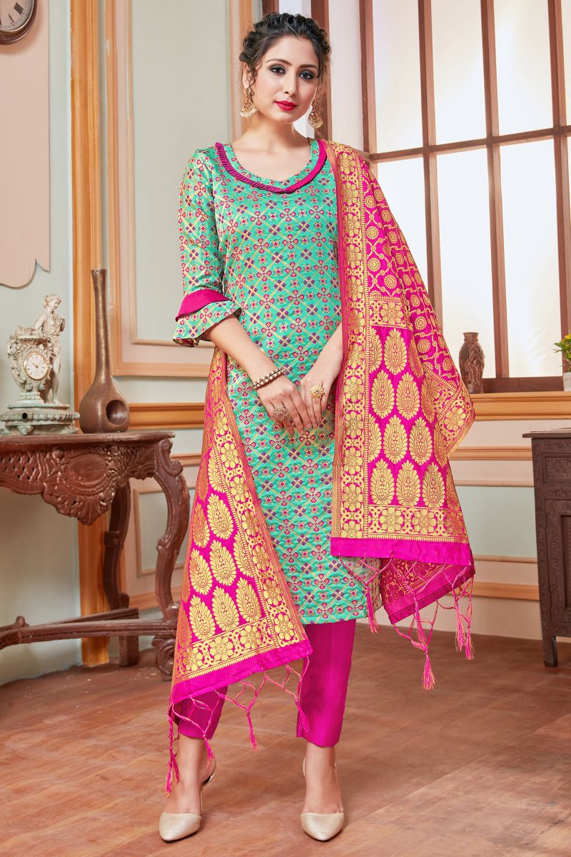 Banarasi Silk Fabric Bewitching Readymade Salwar Suit In Sea Green Color