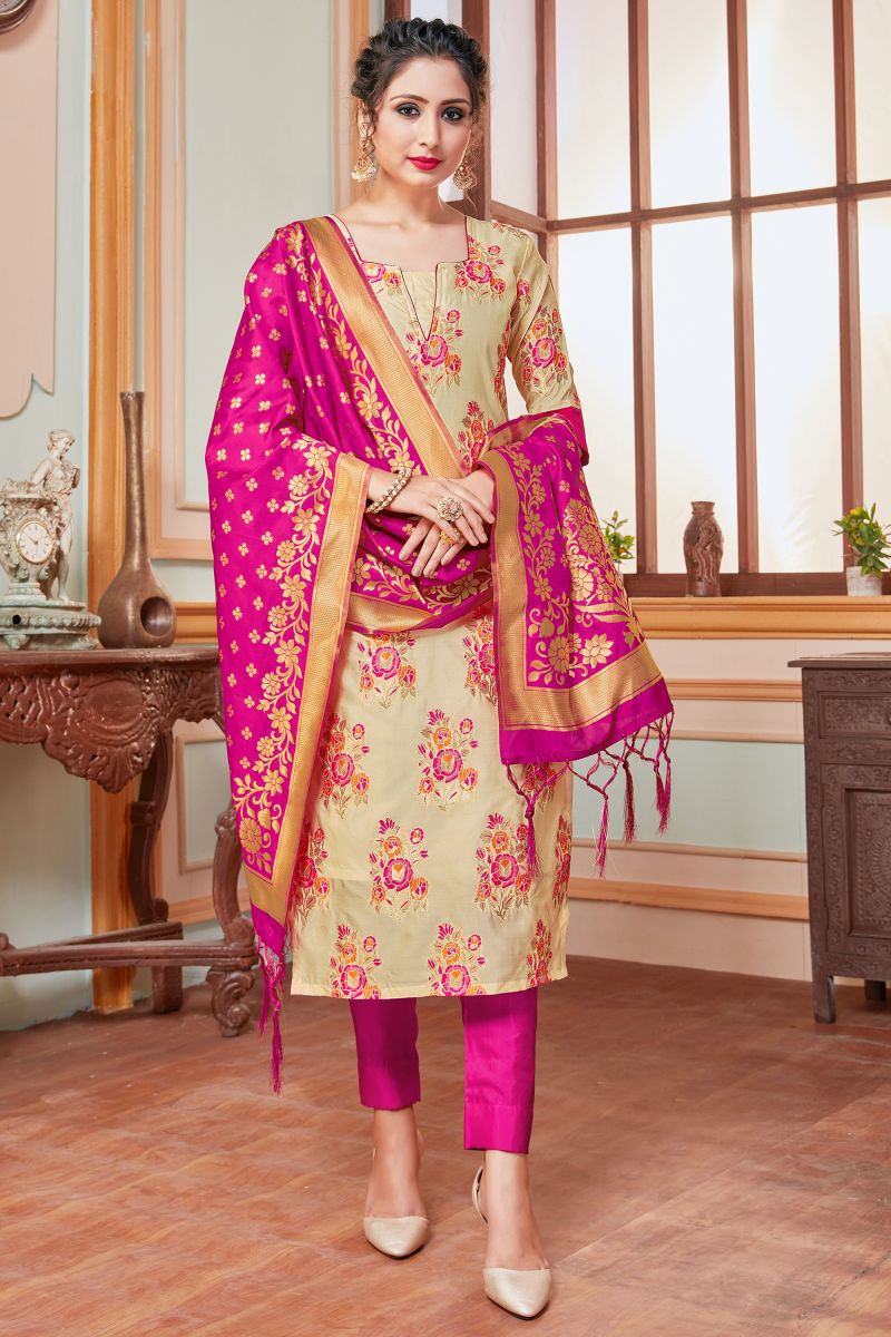 Cream Color Banarasi Silk Fabric Coveted Readymade Salwar Suit