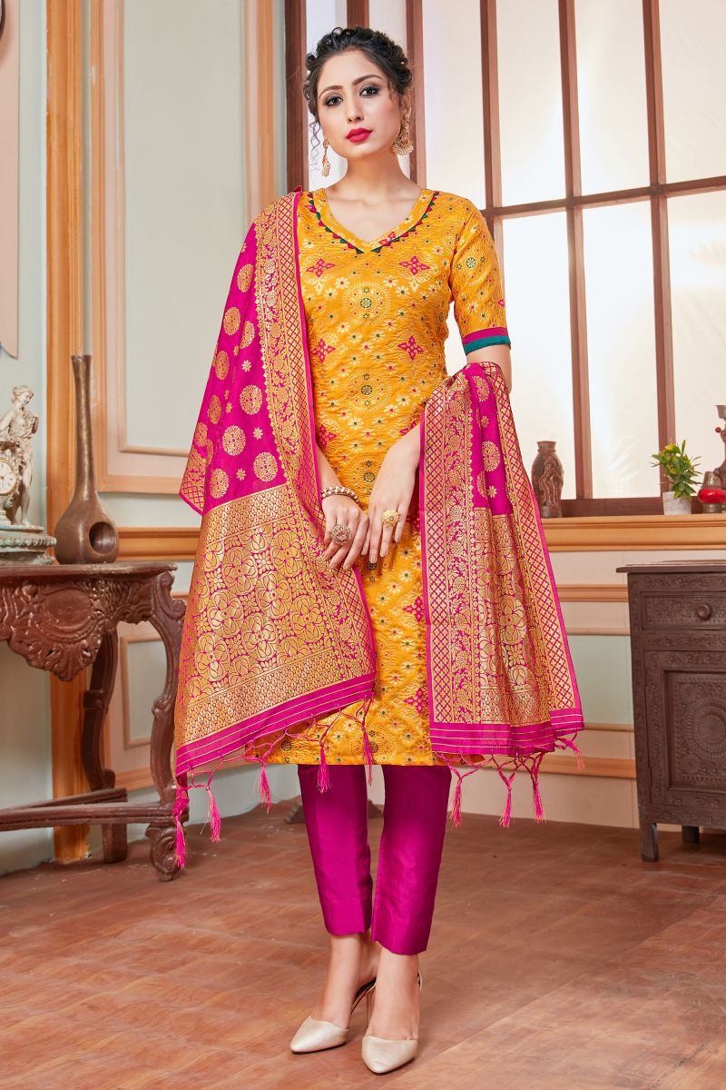 Banarasi Silk Fabric Yellow Color Riveting Readymade Salwar Suit