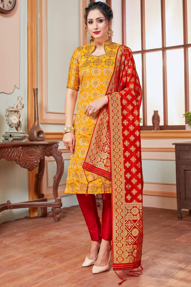 Yellow Color Banarasi Silk Fabric Princely Readymade Salwar Suit