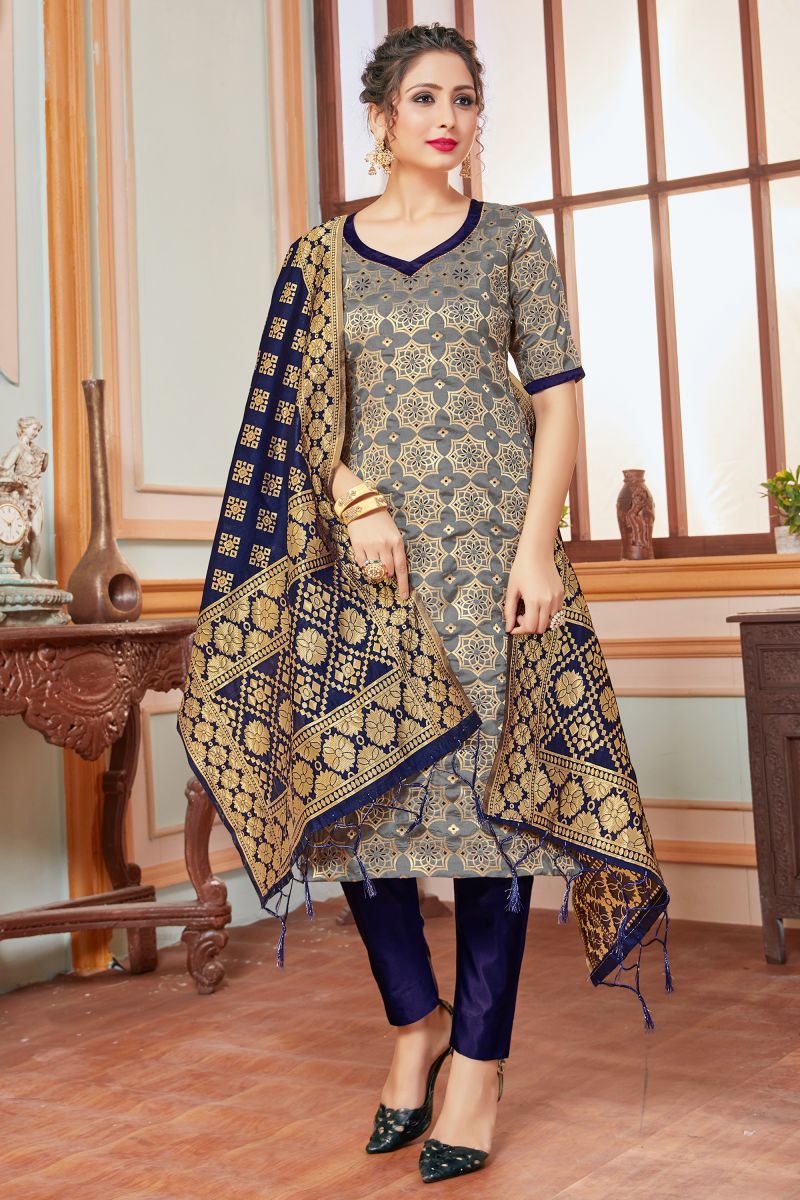 Banarasi Silk Fabric Grey Color Patterned Readymade Salwar Suit