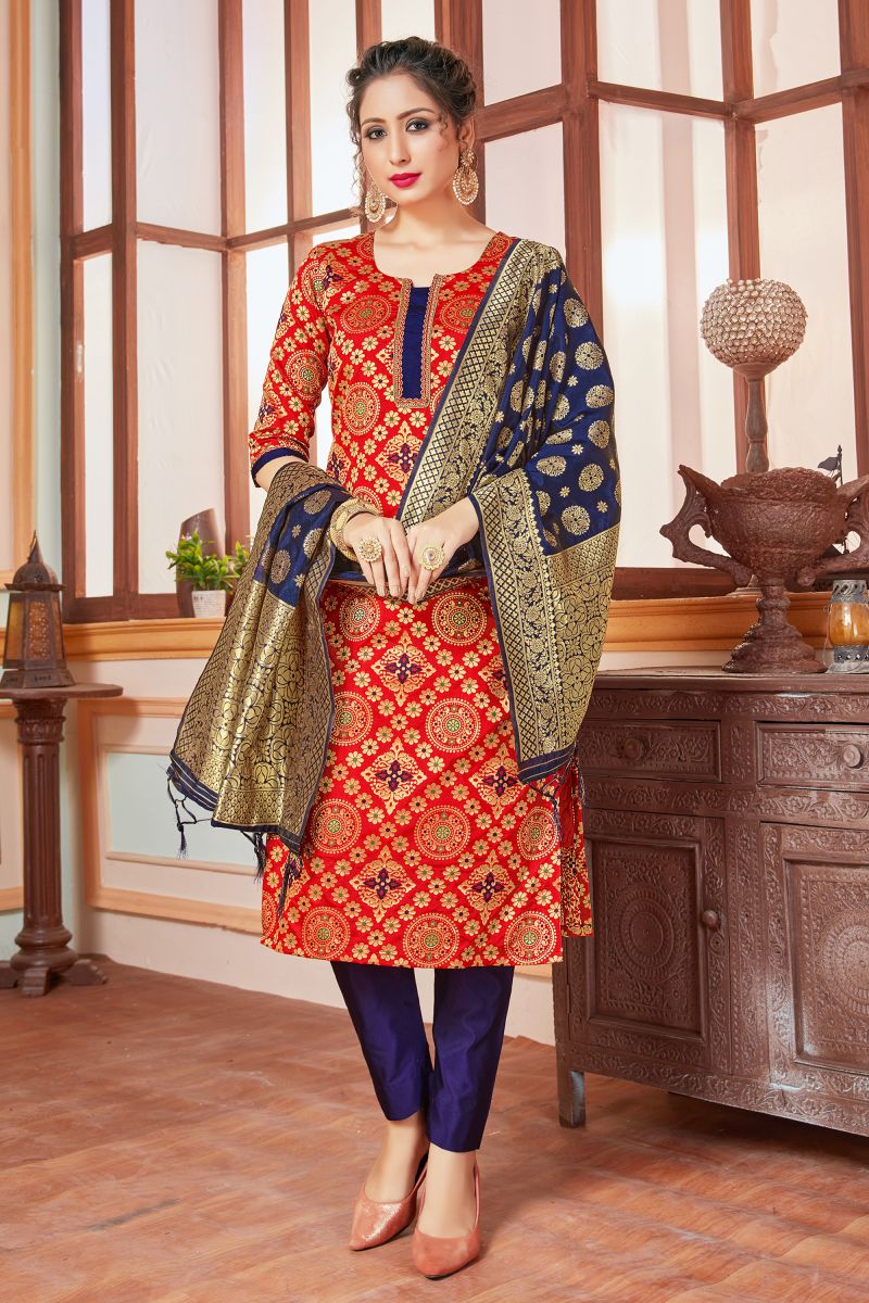 Red Color Banarasi Silk Fabric Engaging Readymade Salwar Suit