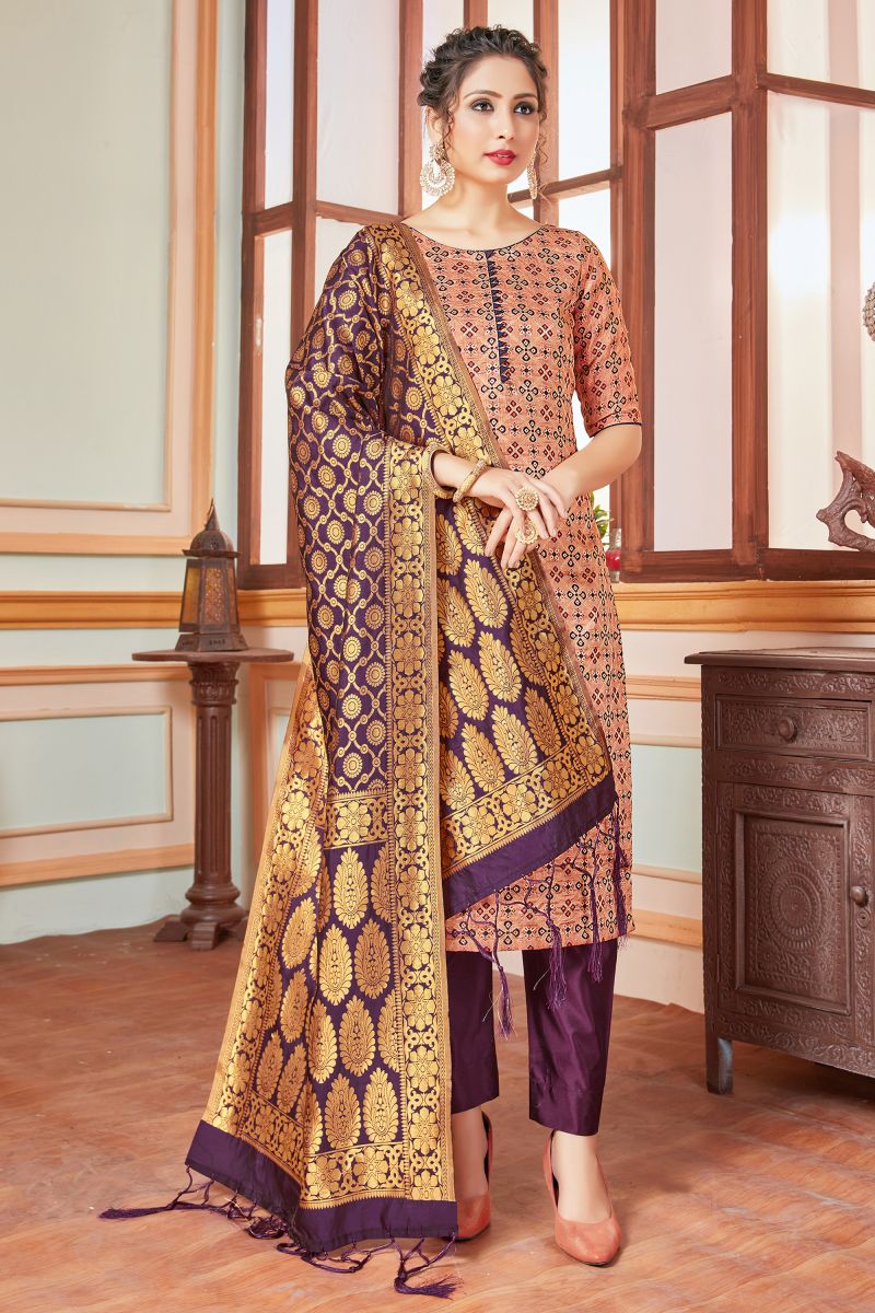 Peach Color Sober Readymade Salwar Suit In Banarasi Silk Fabric