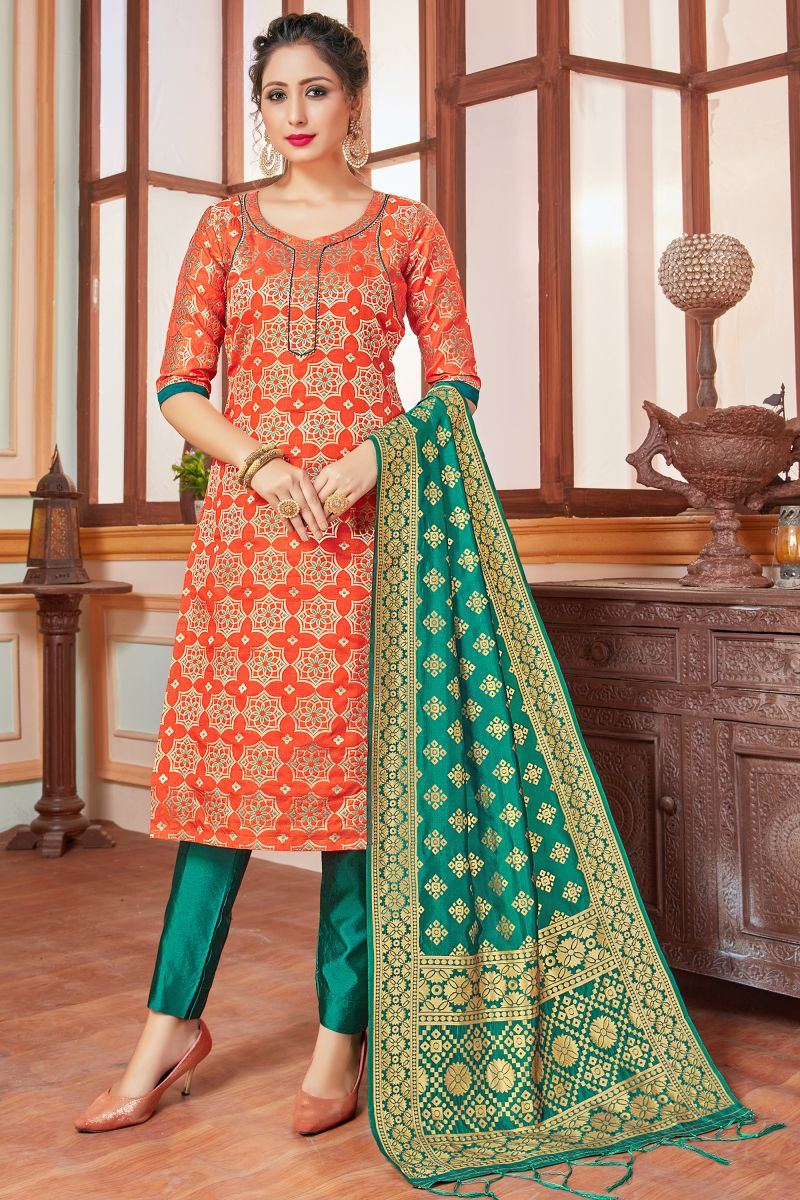 Orange Color Banarasi Silk Fabric Readymade Salwar Suit