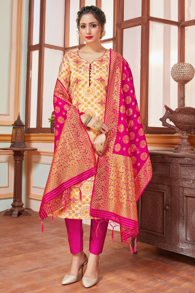 Cream Color Banarasi Silk Fabric Special Readymade Salwar Suit