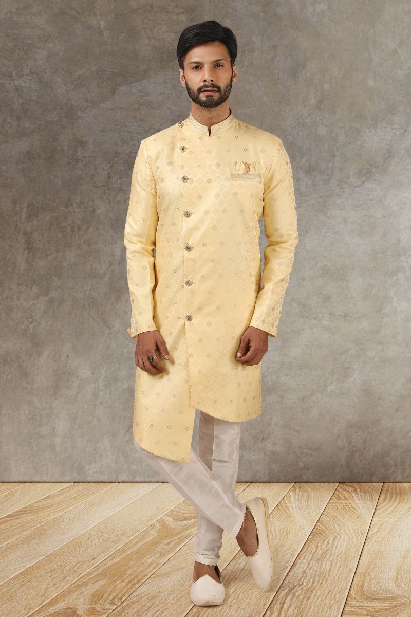 Yellow Jacquard Silk Wedding Wear Trendy Readymade Indo Western For Men