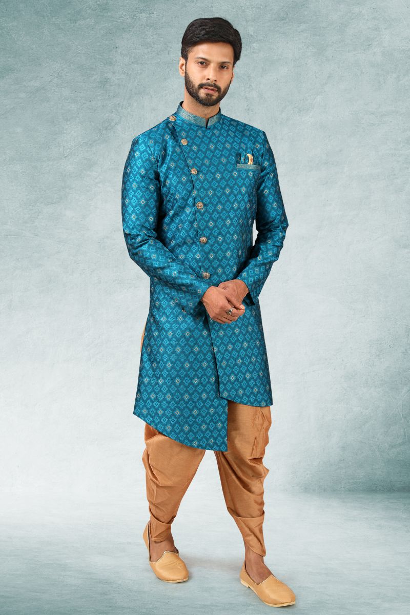 Cyan Gorgeous Jacquard Silk Wedding Wear Readymade Indo Western For Men