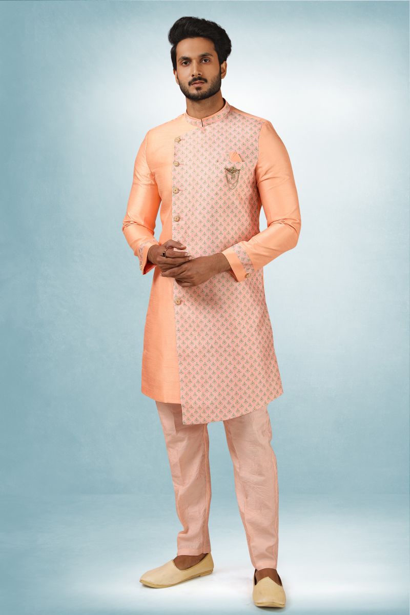 Peach Color Art Silk Readymade Men Indo Western