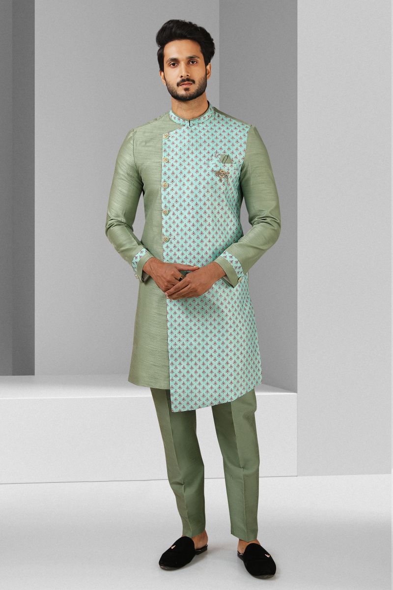 Sea Green Color Wedding Wear Readymade Art Silk Indo Western For Men