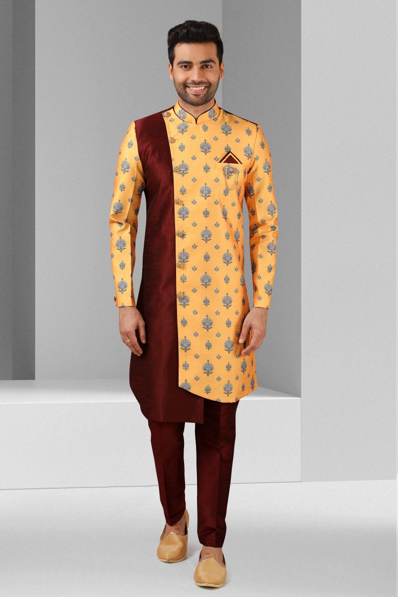 Art Silk Wedding Wear Readymade Yellow Color Indo Western For Men