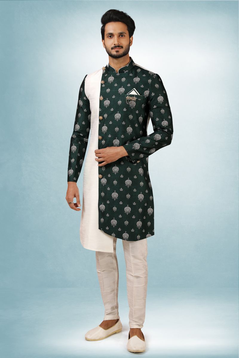 Dark Green Art Silk Festive Wear Readymade Indo Western For Men