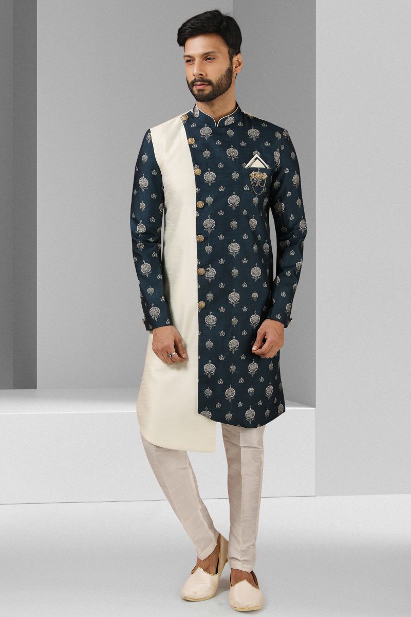 Art Silk Navy Blue Color Wedding Wear Readymade Indo Western For Men