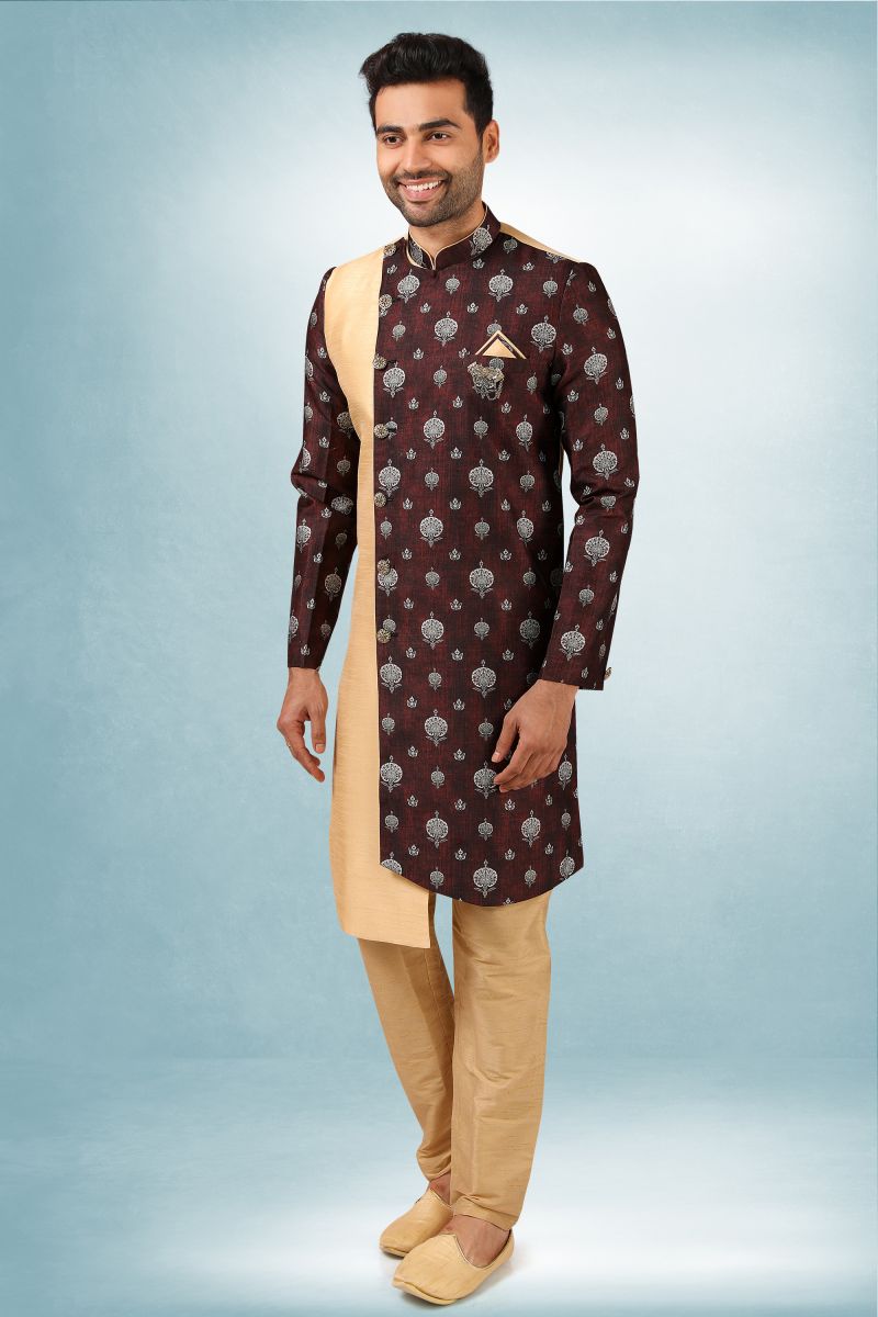 Brown Color Art Silk Wedding Wear Readymade Indo Western For Men