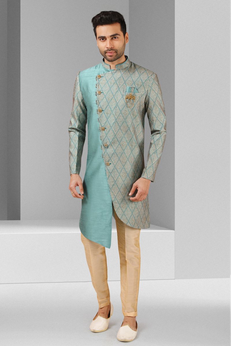 Art Silk Light Cyan Color Festive Wear Trendy Readymade Men Indo Western