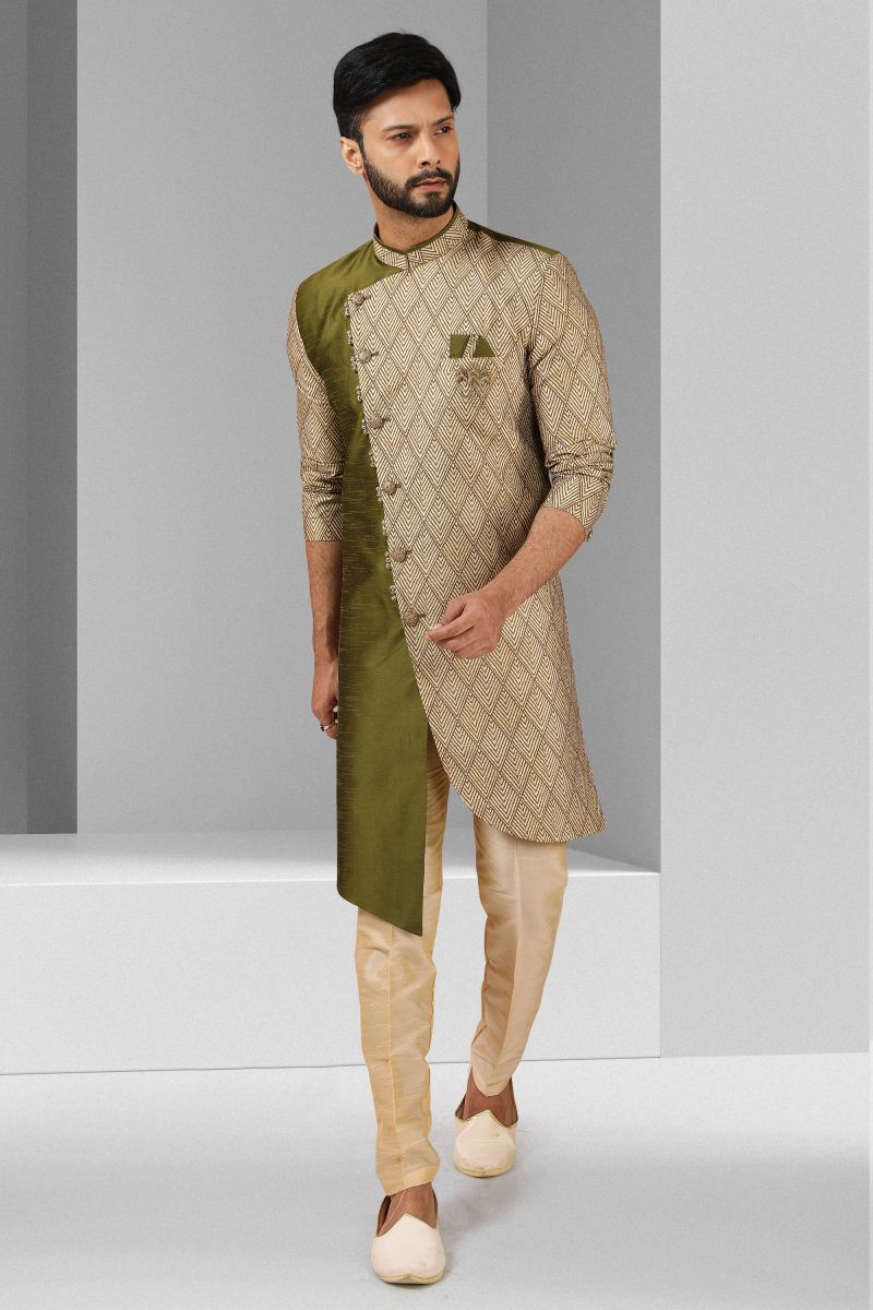 Green Color Wedding Wear Art Silk Designer Readymade Indo Western For Men