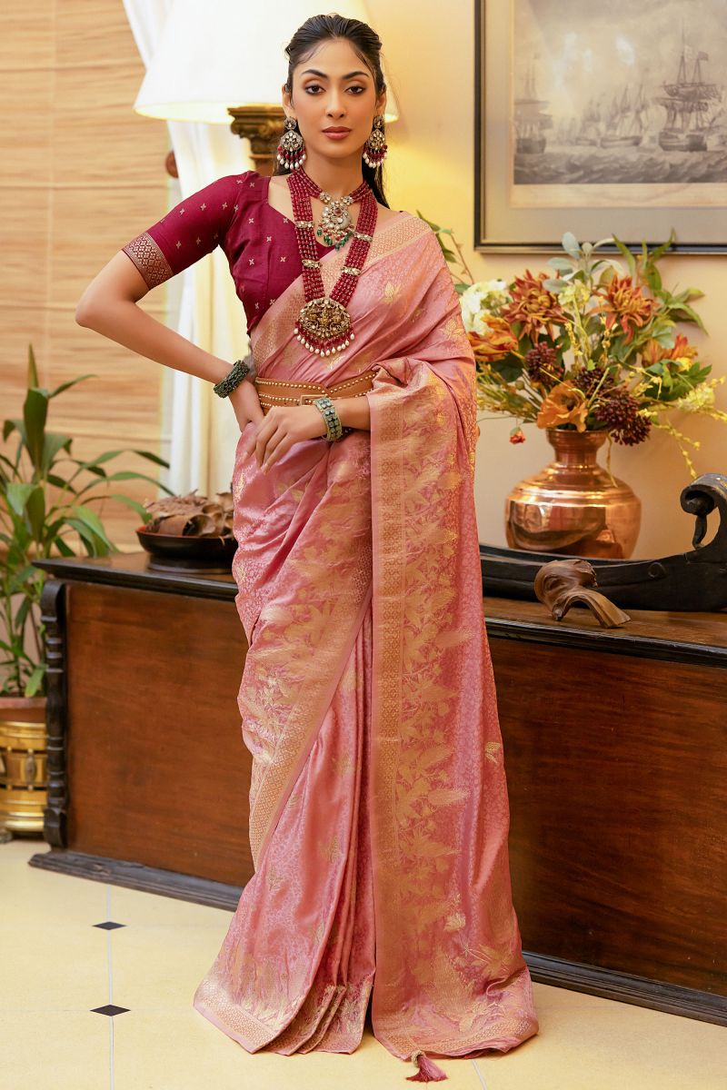 Satin Silk Pink Color Saree With Weaving Work