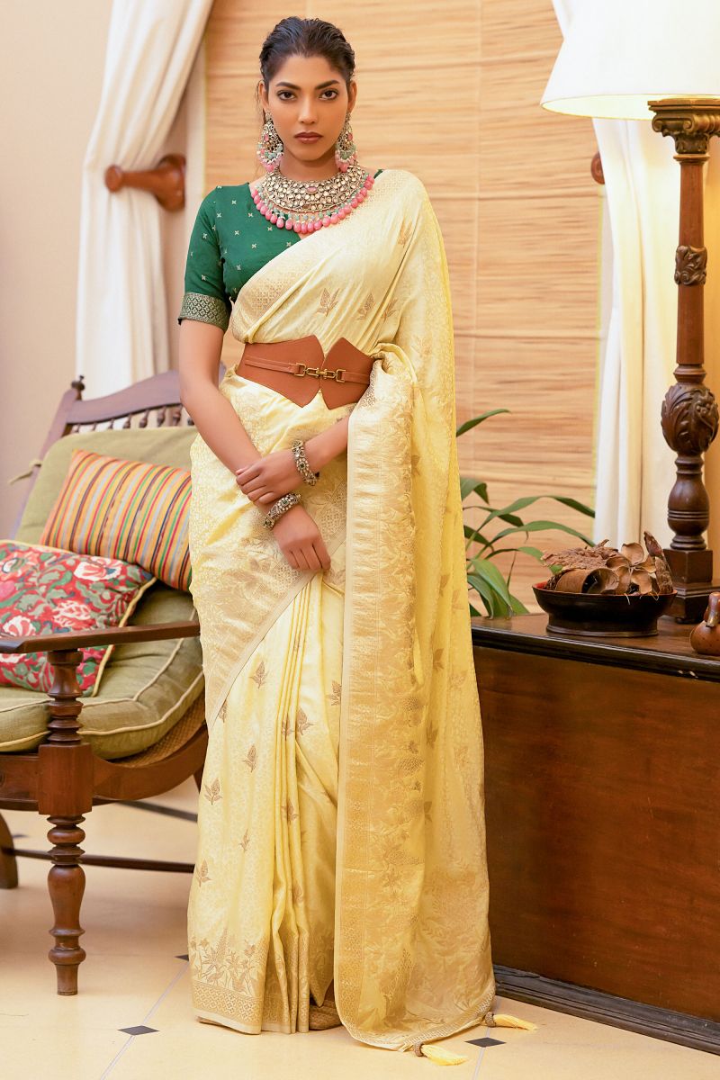 Weaving Work On Yellow Color Satin Silk Saree