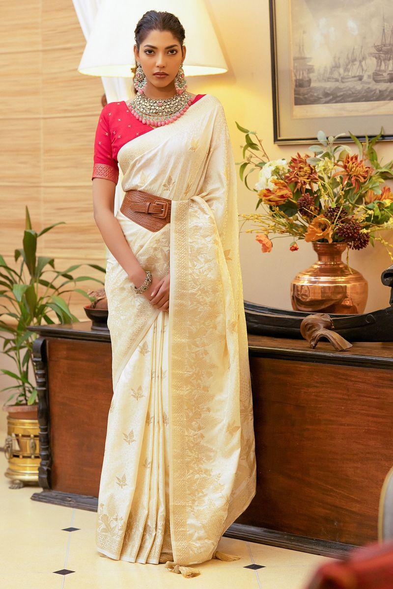 Weaving Work Satin Silk Yellow Color Saree